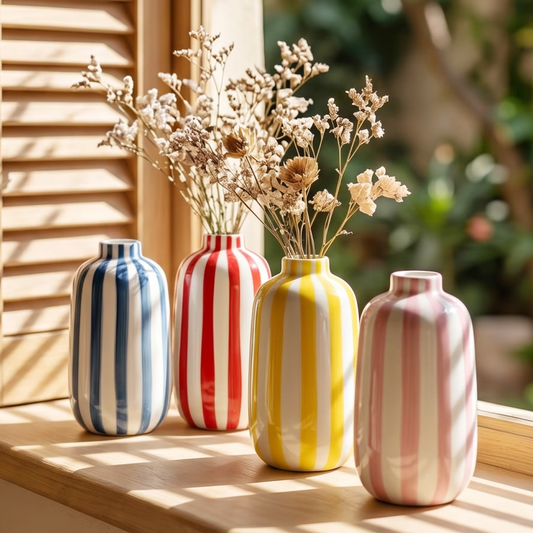 Hand-painted striped ceramic vase set, small vases with vibrant colors and smooth glaze.